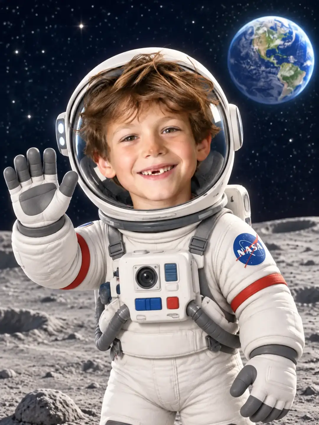 A boy in a space suit waving on the Moon with the Earth in the sky, a cartoon picture from his photo