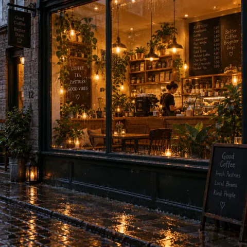 Cozy coffee shop in the rain — variant 1