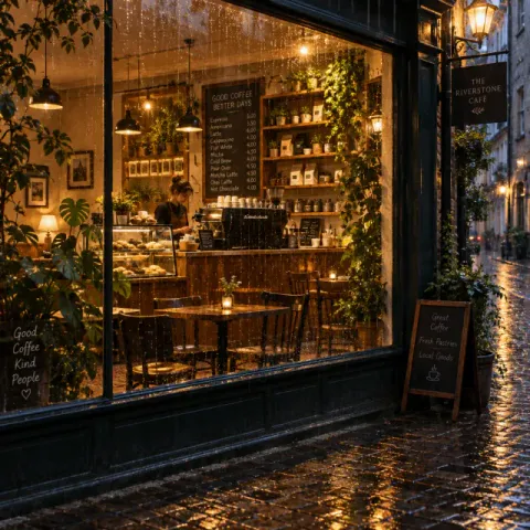 Cozy coffee shop in the rain — variant 2