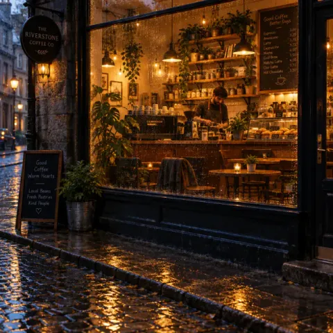 Cozy coffee shop in the rain — variant 3