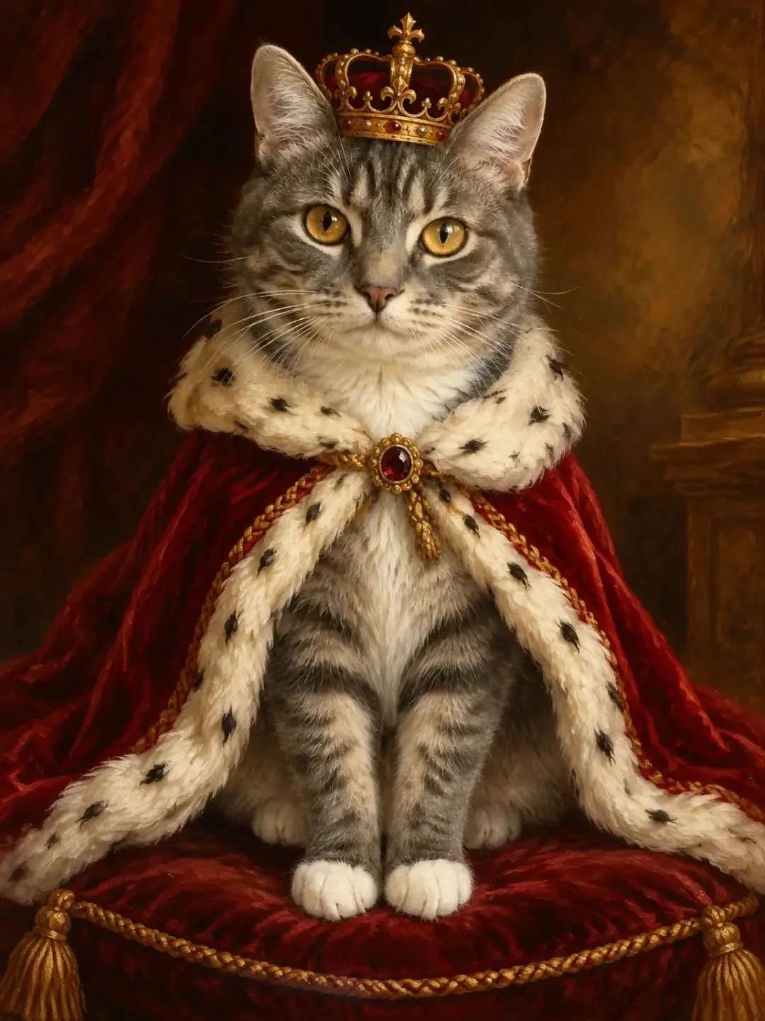 A grey tabby cat in a crown and a royal cape, an oil portrait from the cat's photo