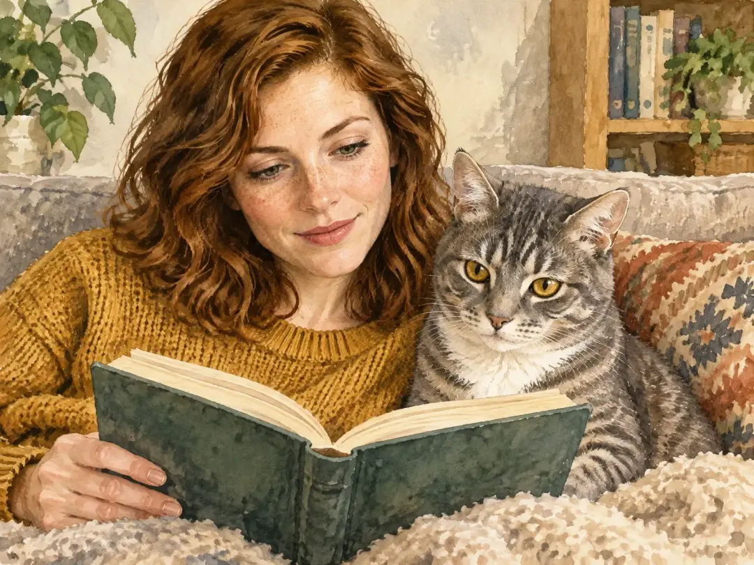 A woman and a grey tabby cat reading a book on a sofa, a watercolor illustration from their photos