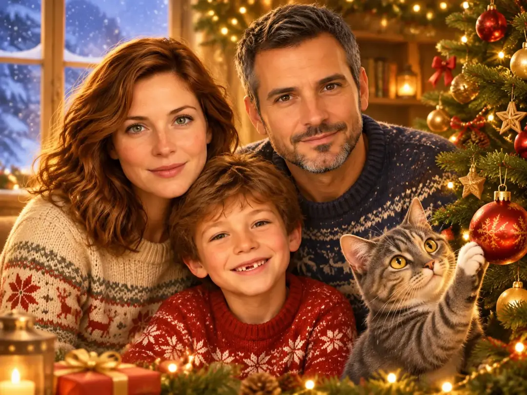 A family in knitted sweaters with their cat by a New Year tree, a card in animated movie style from each one's photo