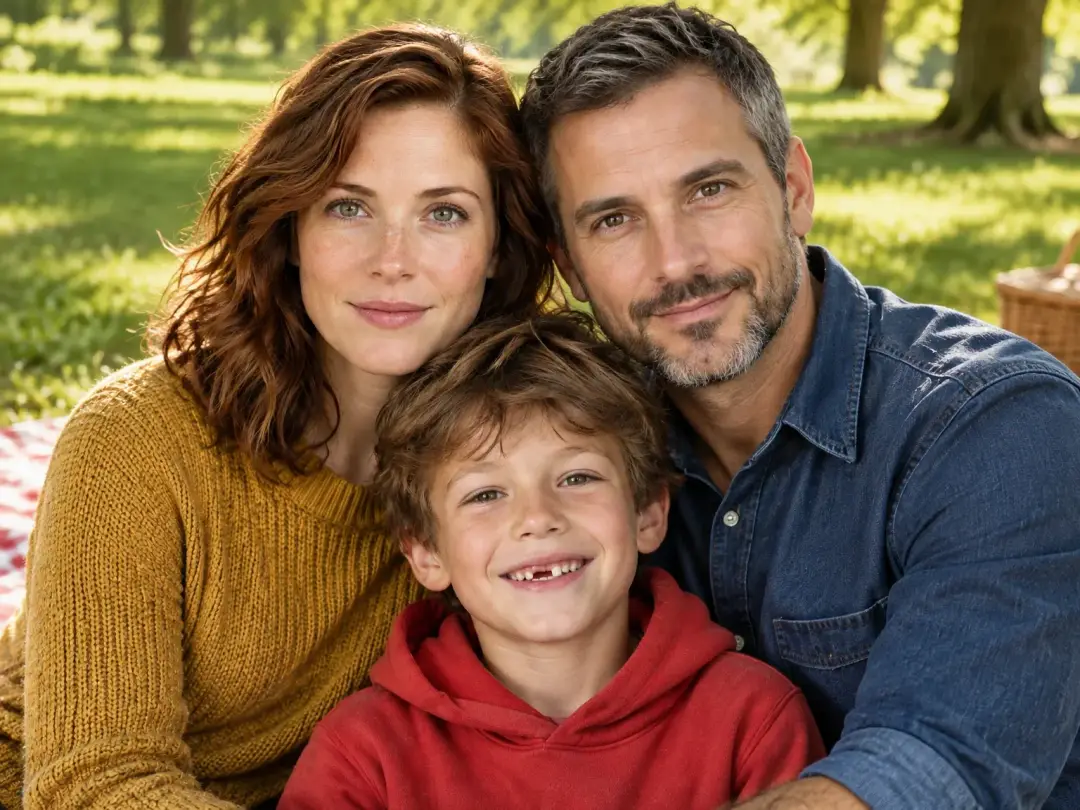 Mum, dad and son smiling at a picnic in a summer park, a family portrait from each one's photo