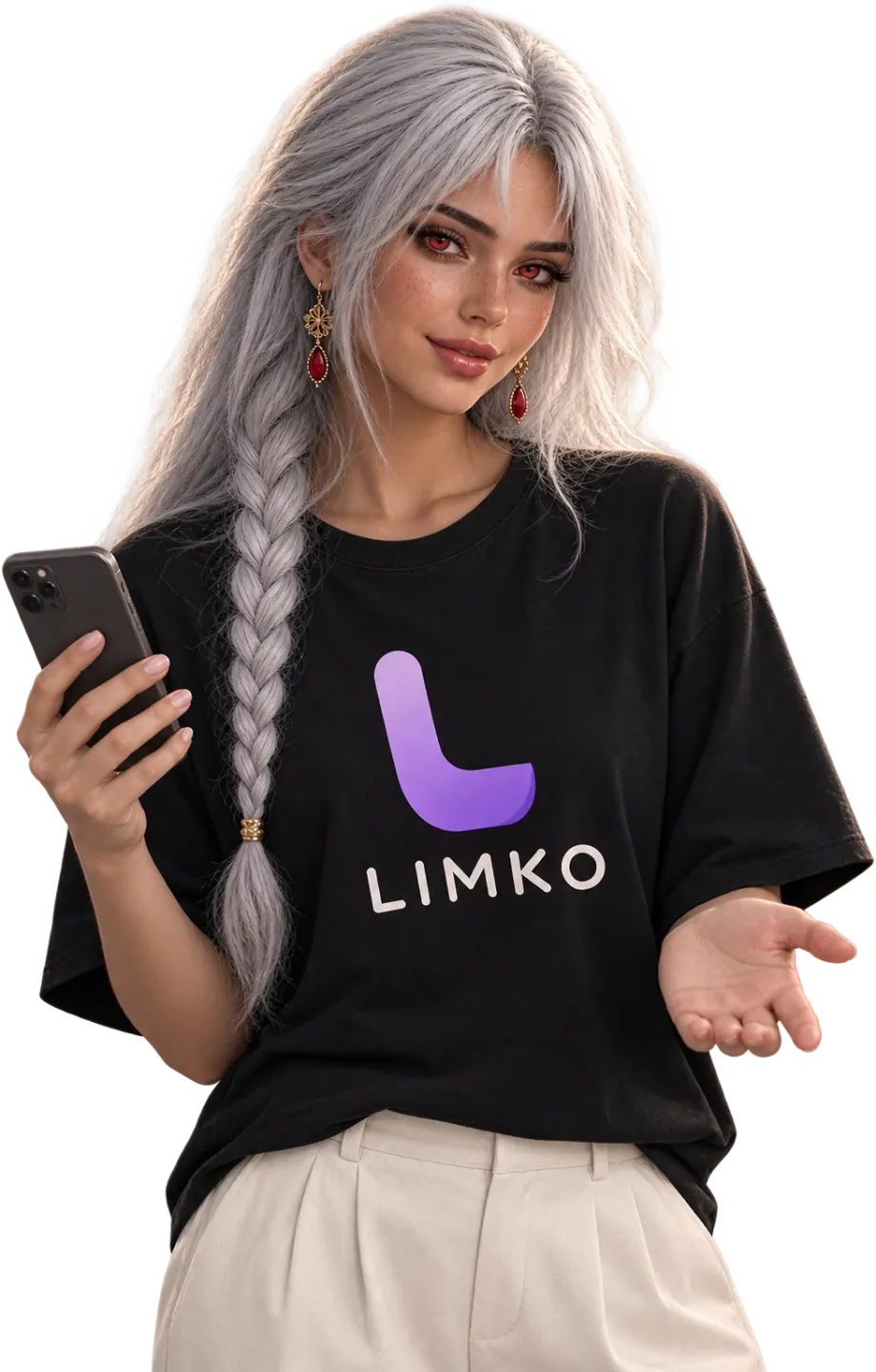 Gin, Limko's AI agent: a young woman with white hair in a Limko T-shirt holding a phone