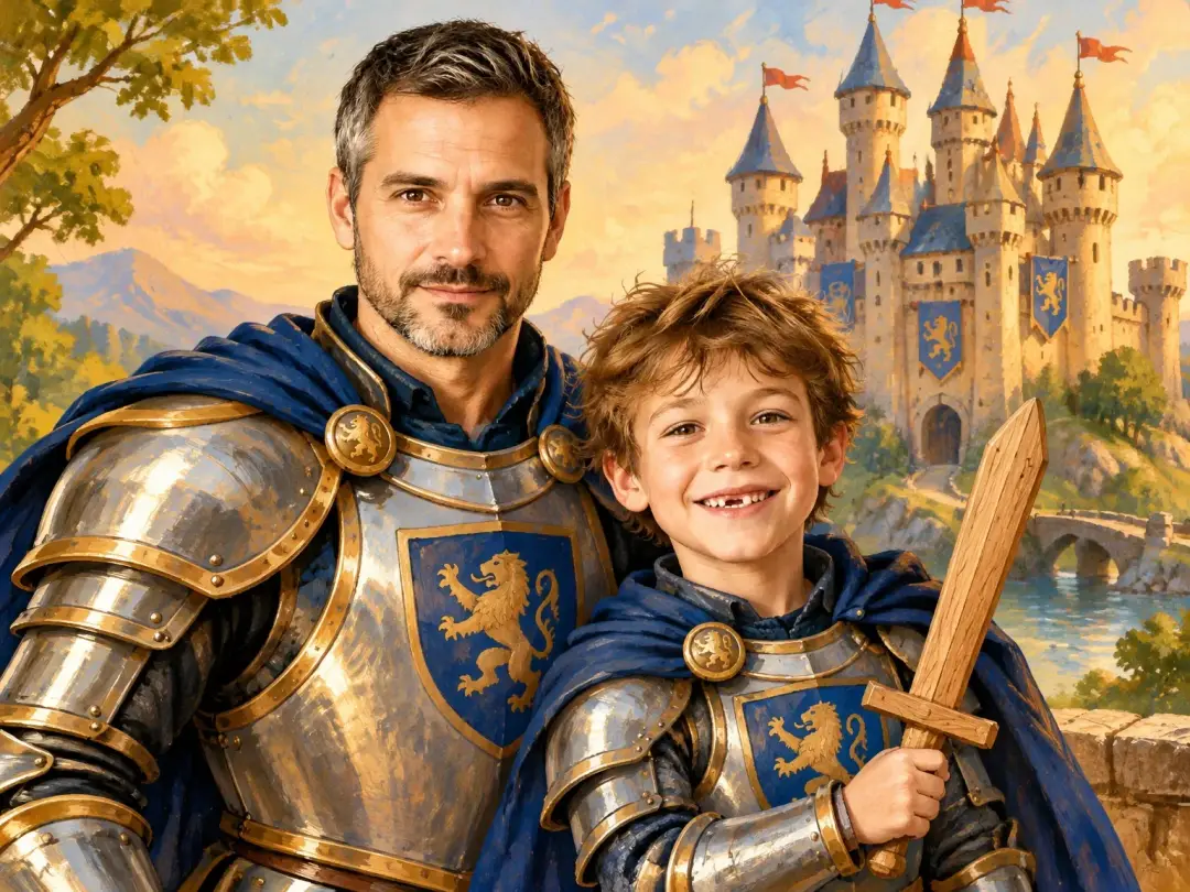 A father and son in knight armour in front of a fairy-tale castle, an illustration from their photos
