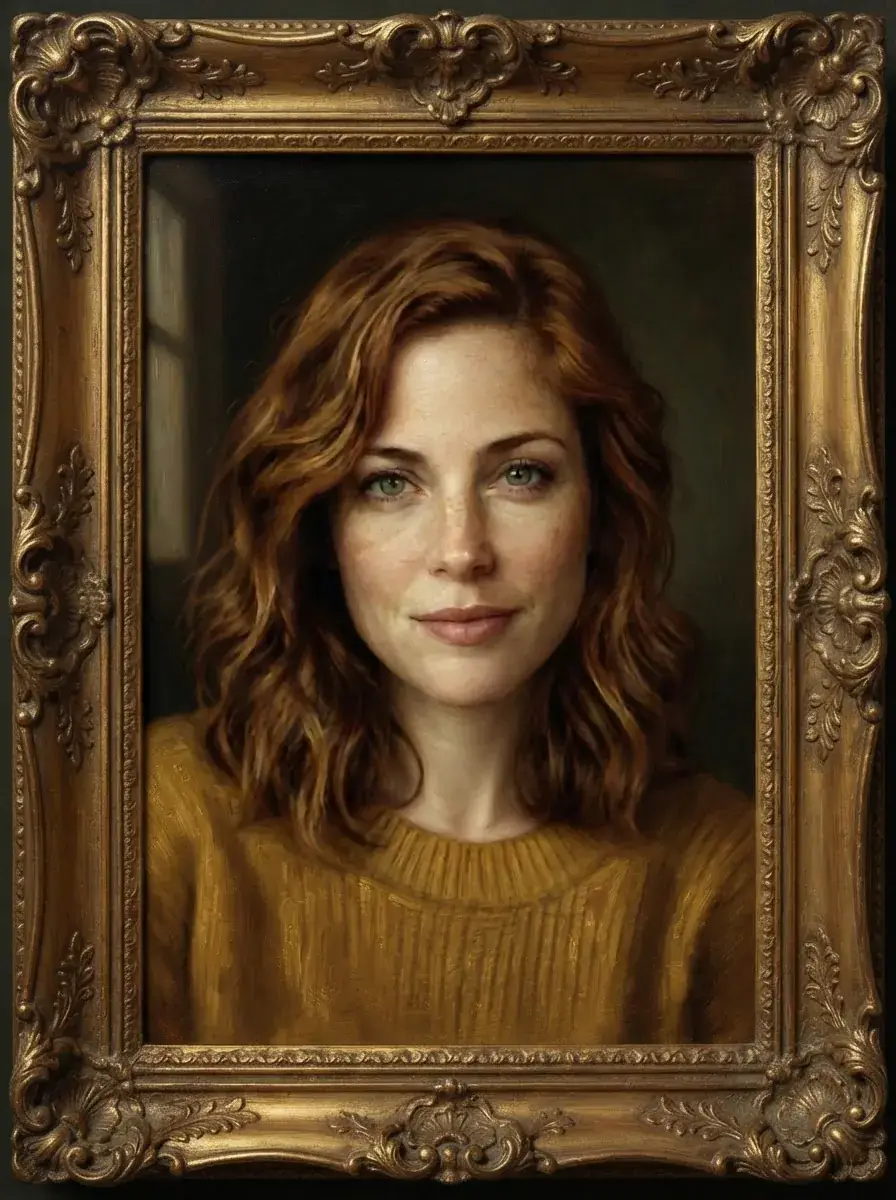 A Renaissance-style oil portrait of a woman in a gilded frame, drawn from her photo