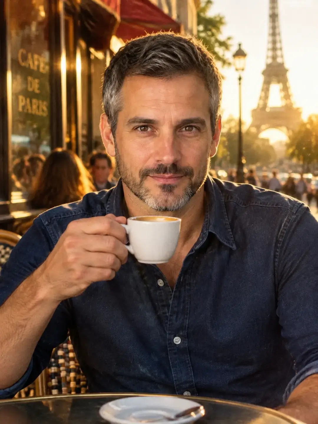 A man with a cup of coffee in a Paris café at sunset, a photorealistic picture from his photo