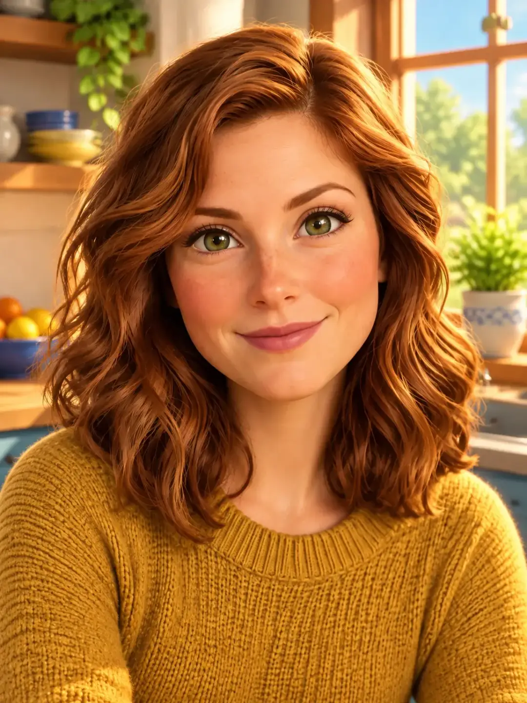 A woman with auburn hair in Pixar animation style in a sunny kitchen, drawn from her photo