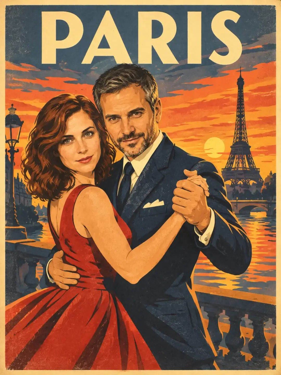 A couple dancing on a 1950s retro poster with Paris behind them, drawn from both photos