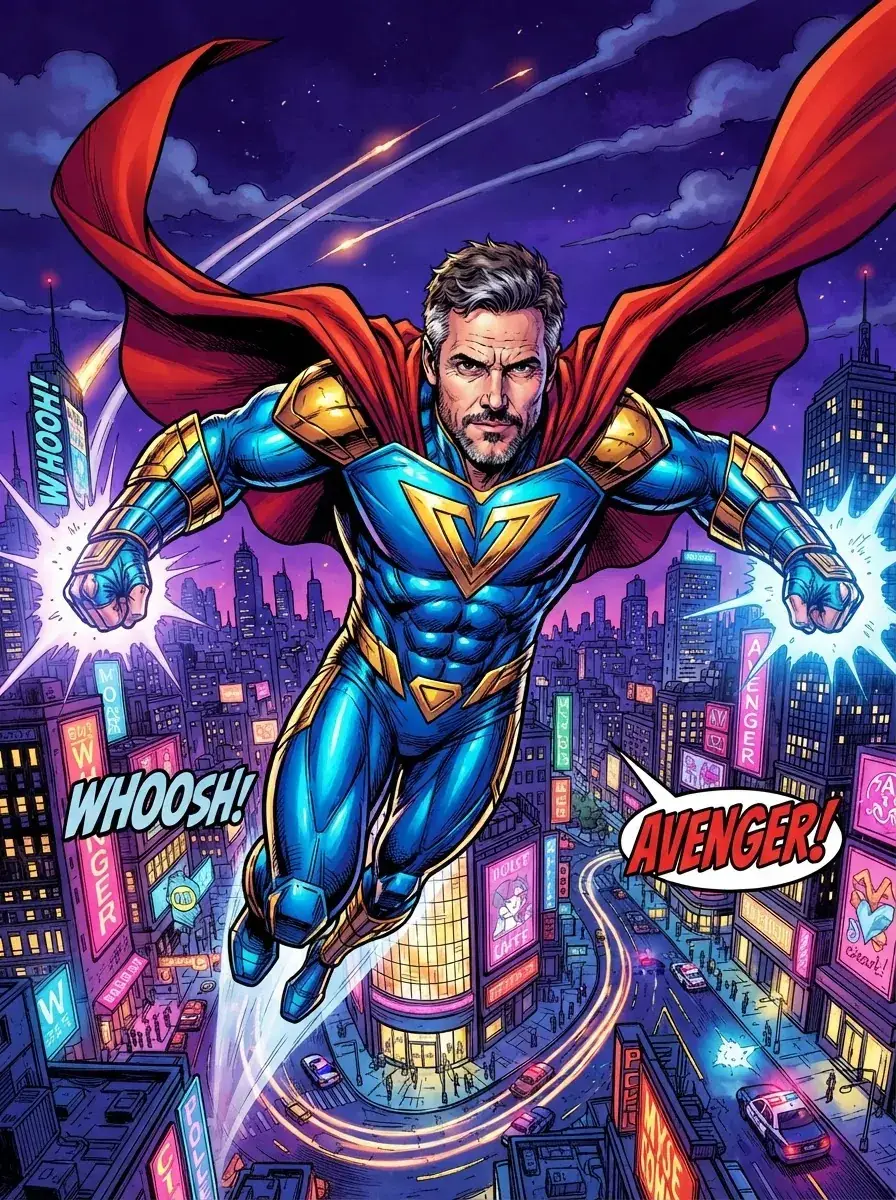 A man in a superhero costume flying over a city at night, a comic picture from his photo