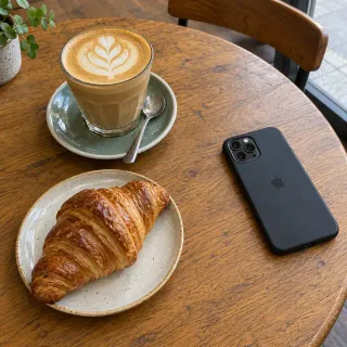 Café table: the phone is painted over with the brush