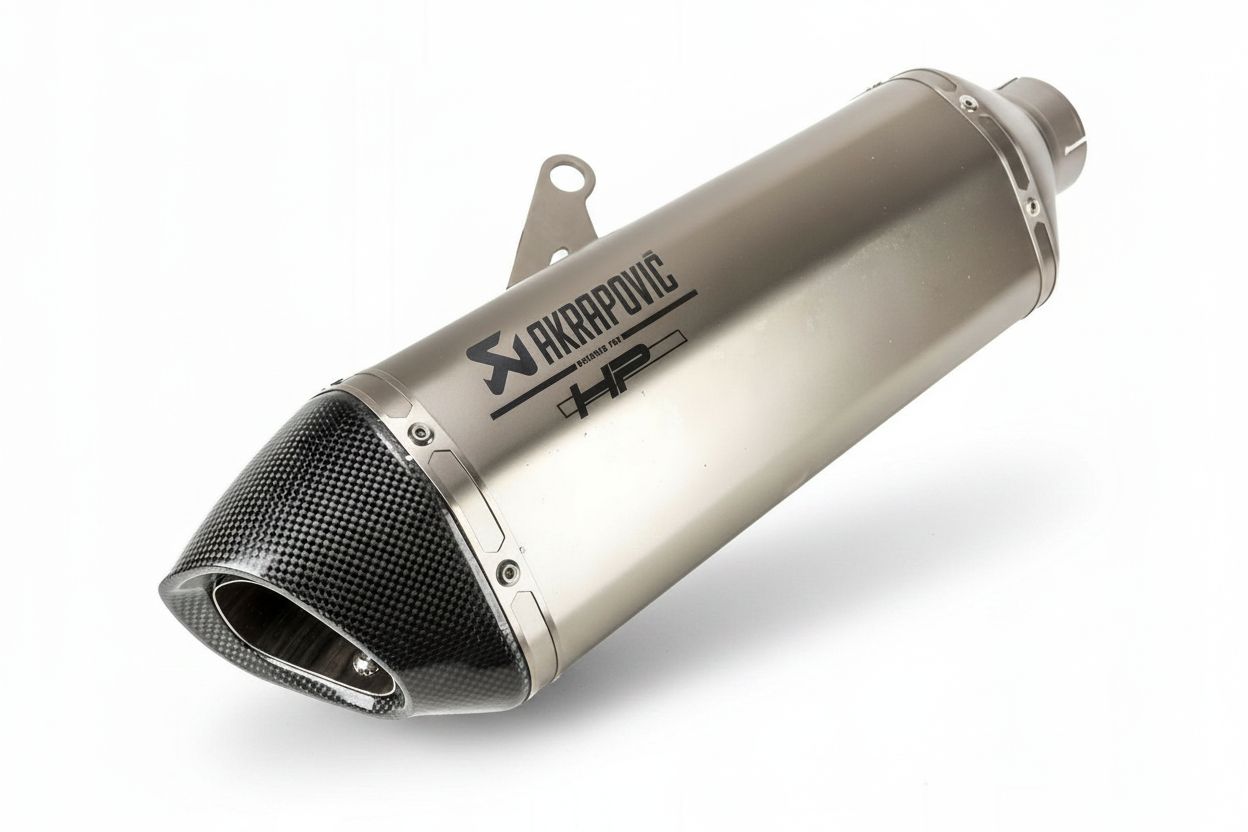 Выхлопная система Akrapovic для мотоцикла: титановый корпус и карбоновый наконечник, сгенерированное фото для карточки товара на маркетплейсе.
