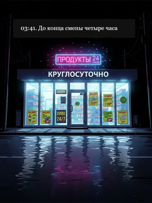 Обложка веб-комикса «Ночная смена»: круглосуточный магазин в неоне посреди тёмной трассы