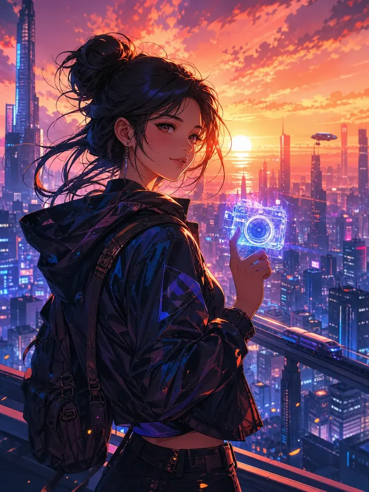 Cinematic anime key visual: девушка на крыше неонового мегаполиса в лучах розово-фиолетового заката