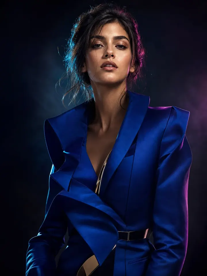 Премиальный fashion-портрет в архитектурном кобальтовом жакете, cyan и magenta контровой свет